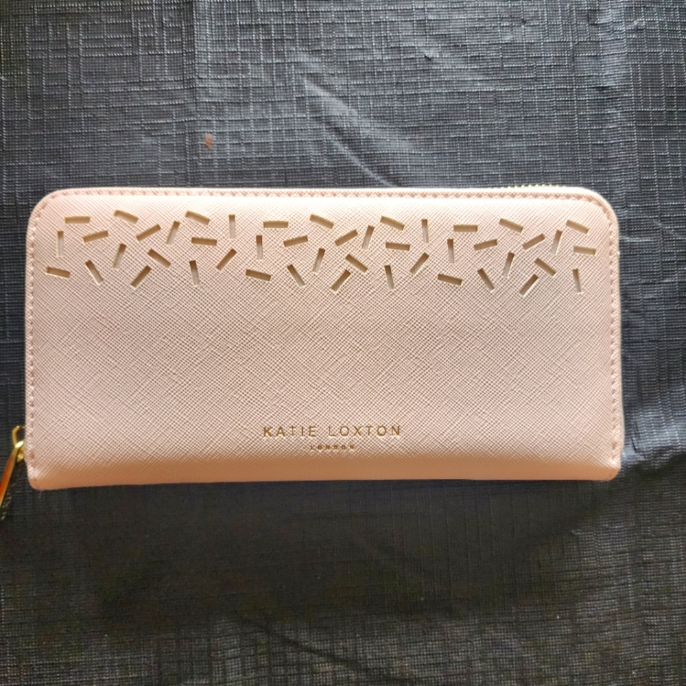 NWT Katie Luxton wallet, vegan leather pale pink and gold color zippers